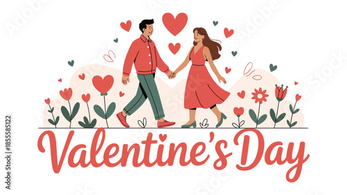 Valentine's Day Couple in Love: A couple strolling hand-in-hand through a whimsical garden of love, surrounded by blooming flowers and hearts.