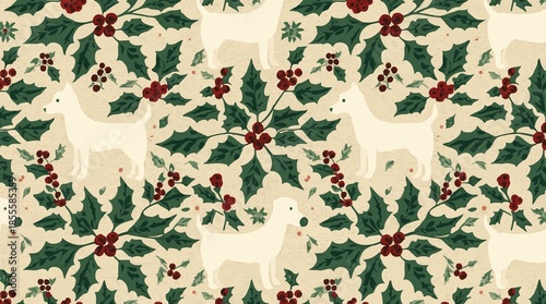  illustration of a Christmas dog on a fabric texture with a repeating holly leaf motif pattern design, featuring a cute dog in a festive holiday setting