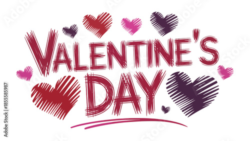 Valentine's Day: A whimsical, vibrant illustration to celebrate love and affection, featuring Valentine's Day text with a variety of colorful hearts, perfect for conveying romantic sentiments.