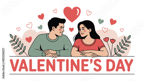 Romantic Valentine's Day Illustration: Two people, bathed in the warmth of love, gaze adoringly at each other against a backdrop of hearts and blooms, celebrating the spirit of Valentine's Day. 