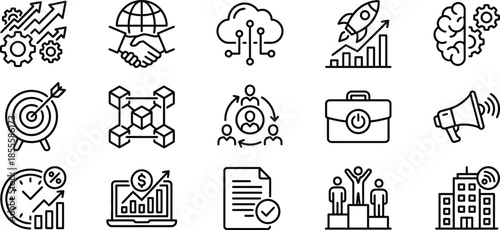 Collection of thin line vector icons representing various concepts related to business growth strategy finance technology development and success achievement