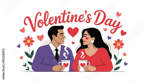 Valentine's Day Couple in Love: A tender Valentine's Day illustration depicts a loving couple, sharing warm beverages amidst floral decorations, their hearts entwined in the spirit of affection.