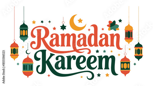 Ramadan Kareem: A festive and vibrant graphic design celebrating the holy month, featuring traditional lanterns and elegant typography to evoke the spirit of the occasion.