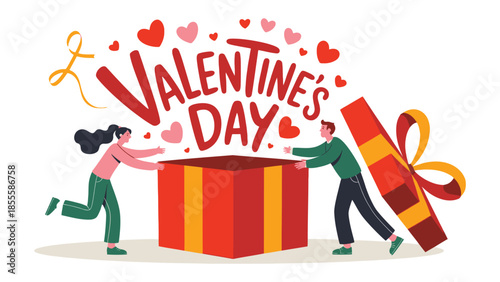 Love's Gift Unveiled: A heartwarming illustration captures the essence of love, as a couple unites to reveal a gift box brimming with affection and the spirit of Valentine's Day.