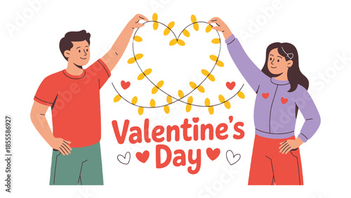 Valentine's Day Love: A couple forms a heart with a string of lights, symbolizing their shared affection and celebrating the spirit of love and connection.