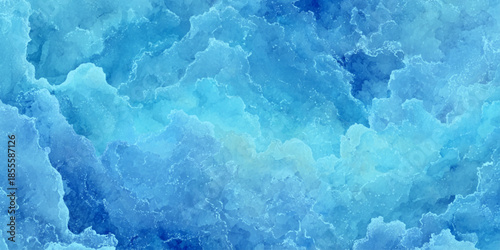 A captivating abstract watercolor painting showcasing vibrant shades of blue resembling turbulent clouds or ocean waves