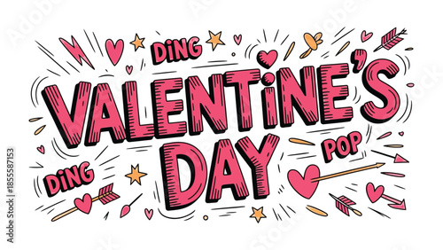 Valentine's Day Pop: A vibrant and dynamic graphic that bursts with the spirit of love and affection, illustrated with hearts, stars, and arrows, creating a festive scene for the occasion.