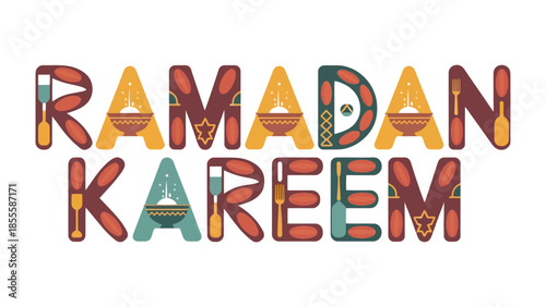 Ramadan Kareem: A vibrant and colorful graphic design celebrating Ramadan, featuring an artistic arrangement of the words Ramadan Kareem with intricate patterns and festive elements.