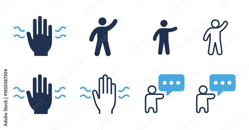 Fototapeta premium Welcome icon set, hello, hey, greeting, and bye vector with hand symbol illustration, high ranking design for communication, social media, and digital interaction graphics.
