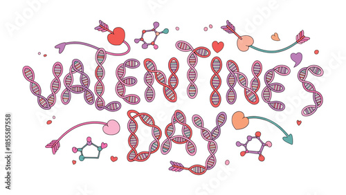 Valentine's Day Illustration: A charming, stylized illustration showcases the words Valentine's Day creatively formed using organic shapes, arrows, and hearts, expressing love and romance.