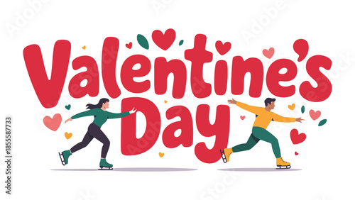 Valentine's Day Skating: A lively illustration of Valentine's Day features a couple ice skating, adorned with hearts, conveying a sense of romance and festivity.