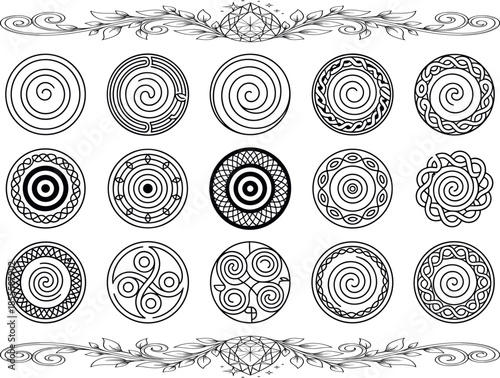 Black and white circular celtic knot with floral borders
