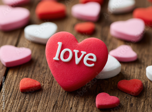 Red heart candy love word pink heart candy white heart candy wooden background romantic sweet valentine heart