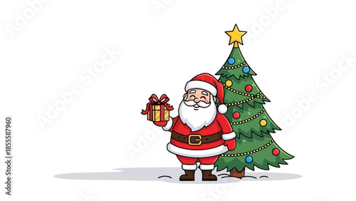 Festive Santa Claus Holding a Wrapped Gift Box Next to a Decorated Christmas Tree with a Star on Top, Ready for the Holiday Season