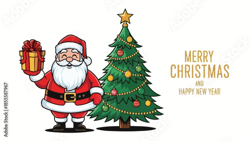 Christmas Celebration Santa Claus with Gift and Festive Tree, Wishing a Merry Holiday Season