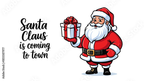 Santa Claus Coming to Town Festive Illustration of Santa Holding a Gift Box, Holiday Cheer
