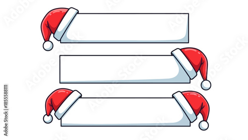 Three white banners decorated with Santa hats on the corners.