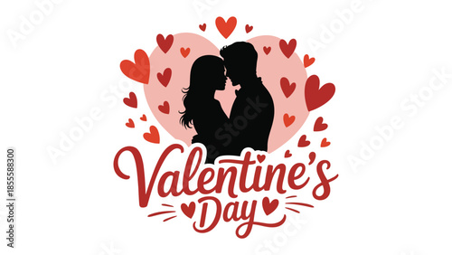 Silhouette of Love on Valentine's Day: An intimate embrace between lovers, their silhouettes framed by a heart and surrounded by scattered hearts.