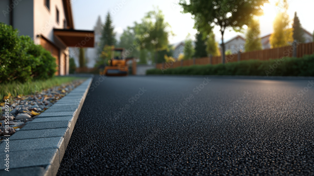 Naklejka premium Smooth freshly paved asphalt driveway leading to suburban house at sunrise with paving equipment and landscaped edging creating calm morning atmosphere