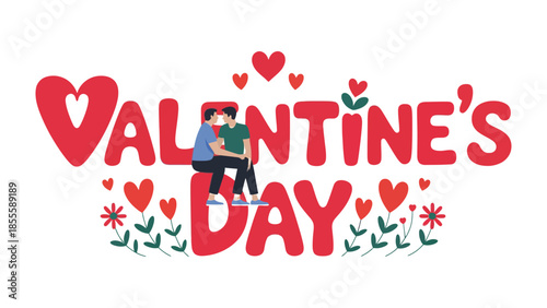 Valentine's Day Illustration: A vibrant Valentine's Day illustration featuring two figures in a close embrace. Surrounded by heart and flower symbols. Evoking a sense of love and joy.