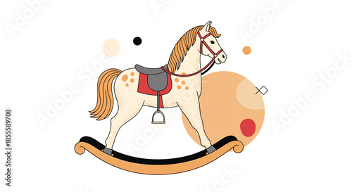 Classic wooden rocking horse toy illustration decorated with abstract circles and shapes in warm earthy tones for nursery room decor.