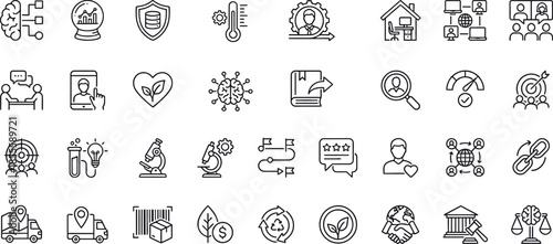 Collection of minimalist outline icons representing various concepts like science technology business health data security and environmental sustainability themes