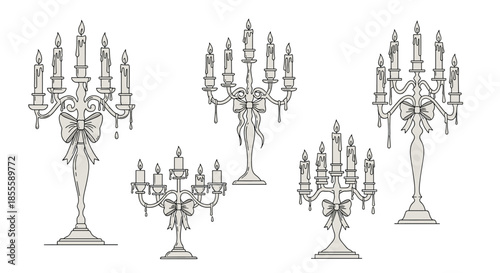 Set of five elegant silver candelabras of different heights and candle counts, each decorated with a large ribbon bow at the base.