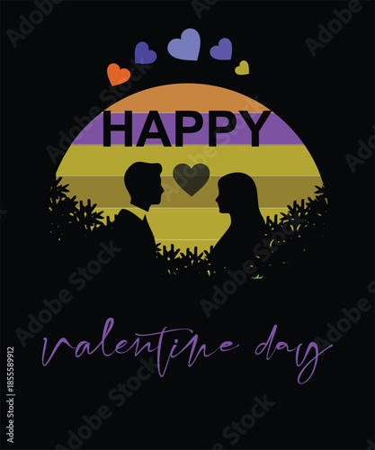 Happy Valentine Day Couple Silhouette Sunset Hearts