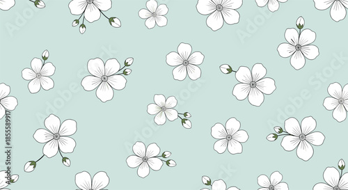 Delicate seamless pattern of small white flowers and buds with green stems scattered across a soft light blue background for fabric.