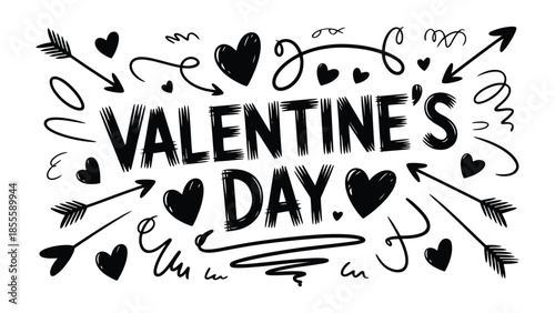 Valentine's Day Illustration: a heartfelt, artistic doodle with arrows and hearts, embodies the warmth and affection of the special day.