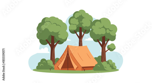 Cozy orange tent set up in a peaceful forest clearing surrounded by green trees and bushes under a soft blue sky for nature lovers.