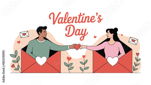 Valentine's Day Greeting: Illustration of a couple's exchange of a heart, set against a backdrop of festive mail envelopes. A symbol of romance and affectionate connection.