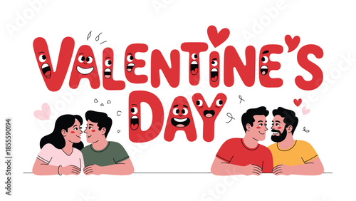 Valentine's Day Illustration: A vibrant Valentine's Day illustration, portraying the essence of love and connection through expressive characters and affectionate couples. 