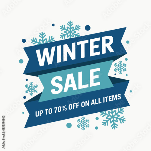Winter sale banner with snowflakes and discount text blue and white colors vector illustration isolated on white background.