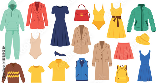 Fashion clothing collection, casual and formal wear, seasonal outfits, accessories, wardrobe essentials, stylish garments, apparel grid layout, flat vector illustration