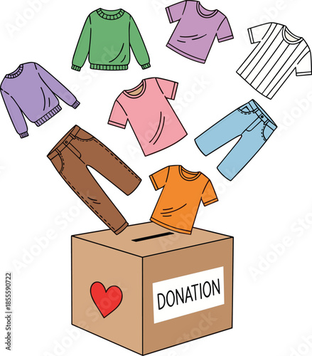 Clothing donation box, charitable giving, assorted garments, warm clothes, community support, helping others, folded apparel, flat vector illustration