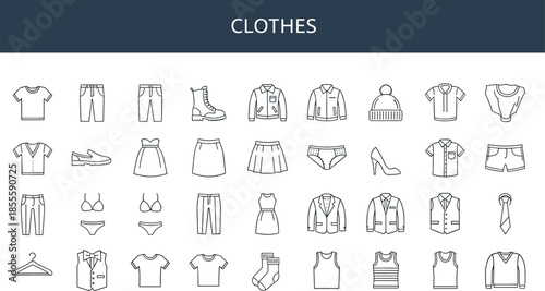 Clothing chart line icons, fashion items, wardrobe essentials, apparel types, educational reference, black outline style, flat vector illustration
