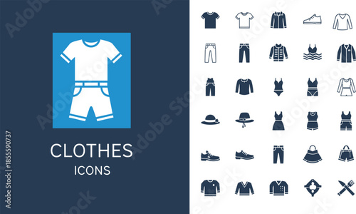 Clothing icons set, fashion items, apparel symbols, wardrobe elements, retail design assets, stylish vector pack, flat vector illustration