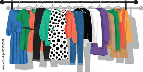 MobileClothing rack with assorted garments, fashion wardrobe, dresses and coats, colorful outfit display, retail style, flat vector illustration