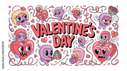 Valentine's Day Illustration: A vibrant illustration showcasing Valentine's Day elements such as heart, cupid and love, with a whimsical and colorful design. 