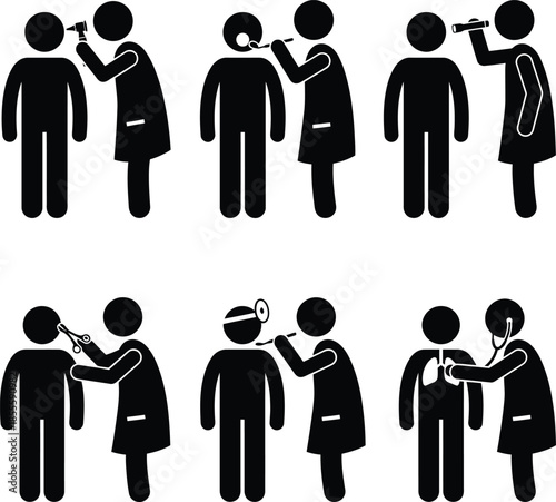Medical check-up procedures stick figure icon set showing various doctor examinations
