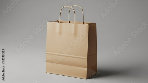 Brown Paper Shopping Bag Standing on Grey Studio Floor