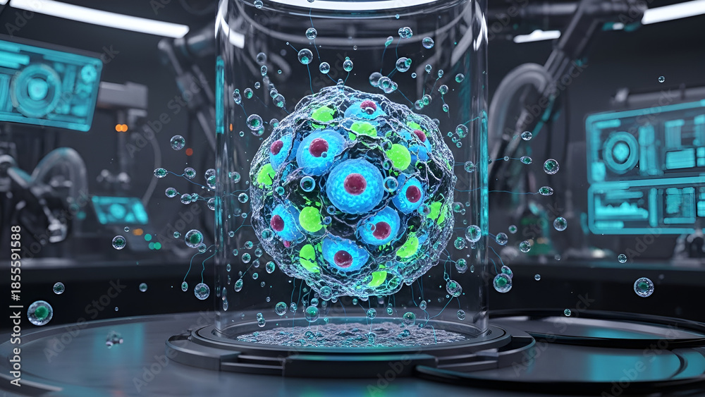 Fototapeta premium Captivating magnified glowing cellular structure in a futuristic biotech laboratory, highlighting advanced scientific research, biological innovation, and microscopic discovery