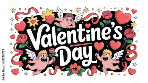 Valentine's Day Illustration: a vibrant illustration perfect for Valentine's Day celebrations, features an assortment of hearts, flowers, angels, and charming elements, the festive atmosphere of love.