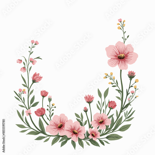 Delicate pink floral wreath with green leaves, perfect for celebrations