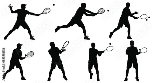 Dynamic Tennis Player Silhouettes Set in Various Action Poses, Isolated Vector Collection for Sport and Fitness Design