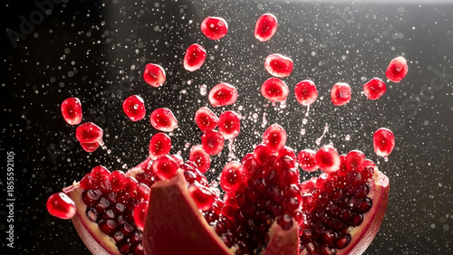 Fresh Pomegranate Halves with Seeds Bursting and Juice Splashing