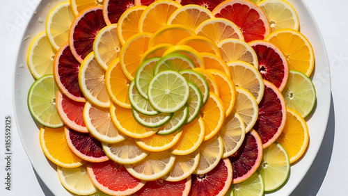 Assorted Citrus Slices Arranged in Circular Cookie Cutter Pattern on White Plate