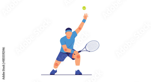 Male Tennis Player Serving Ball. Dynamic Flat Vector Illustration of Athlete in Blue Sportswear Preparing to Hit with Racket, Sport and Fitness Concept.
