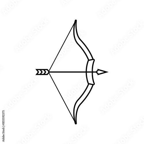 Bow and arrow crossed and drawn. Simple black silhouette vector icon of a drawn bow with an arrow aimed and ready to launch. Minimalist isolated illustration on white background.